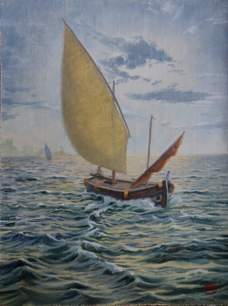 oil painting seascape, landscape with sailboat